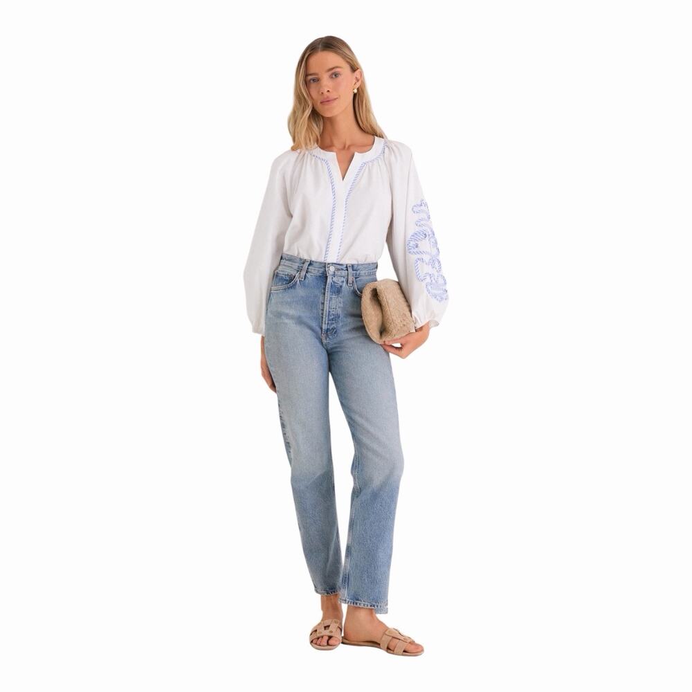Hyacinth House Stella NWT Wht Poplin Blouse Blue Embroidered Statement Sleeve XS